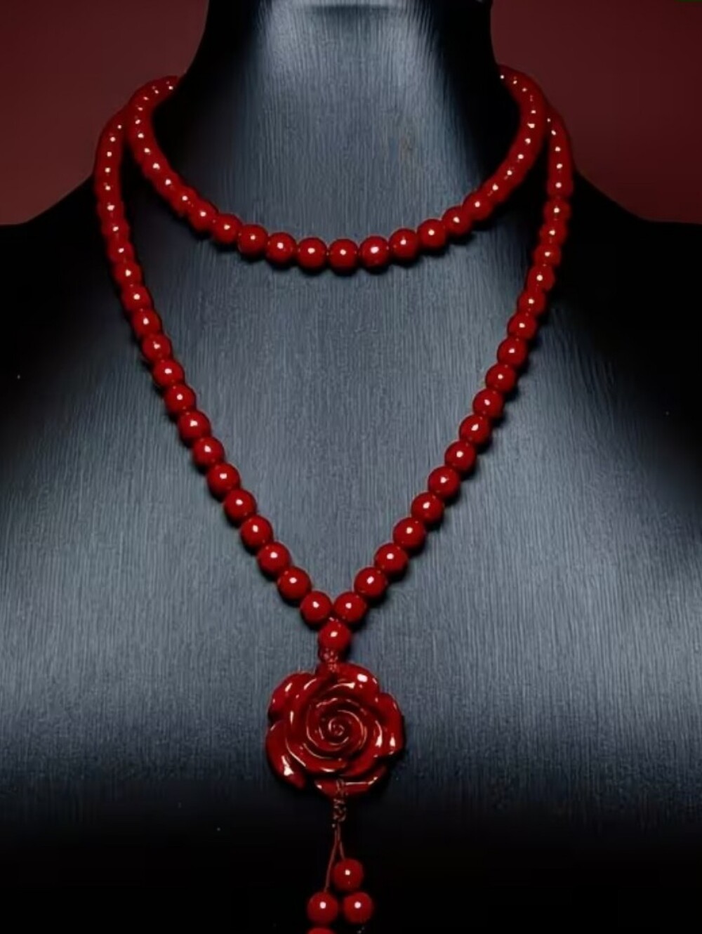 Cinnabar Beaded Rose Pendant Necklace | Stretch Wrap Style | 12.5"
